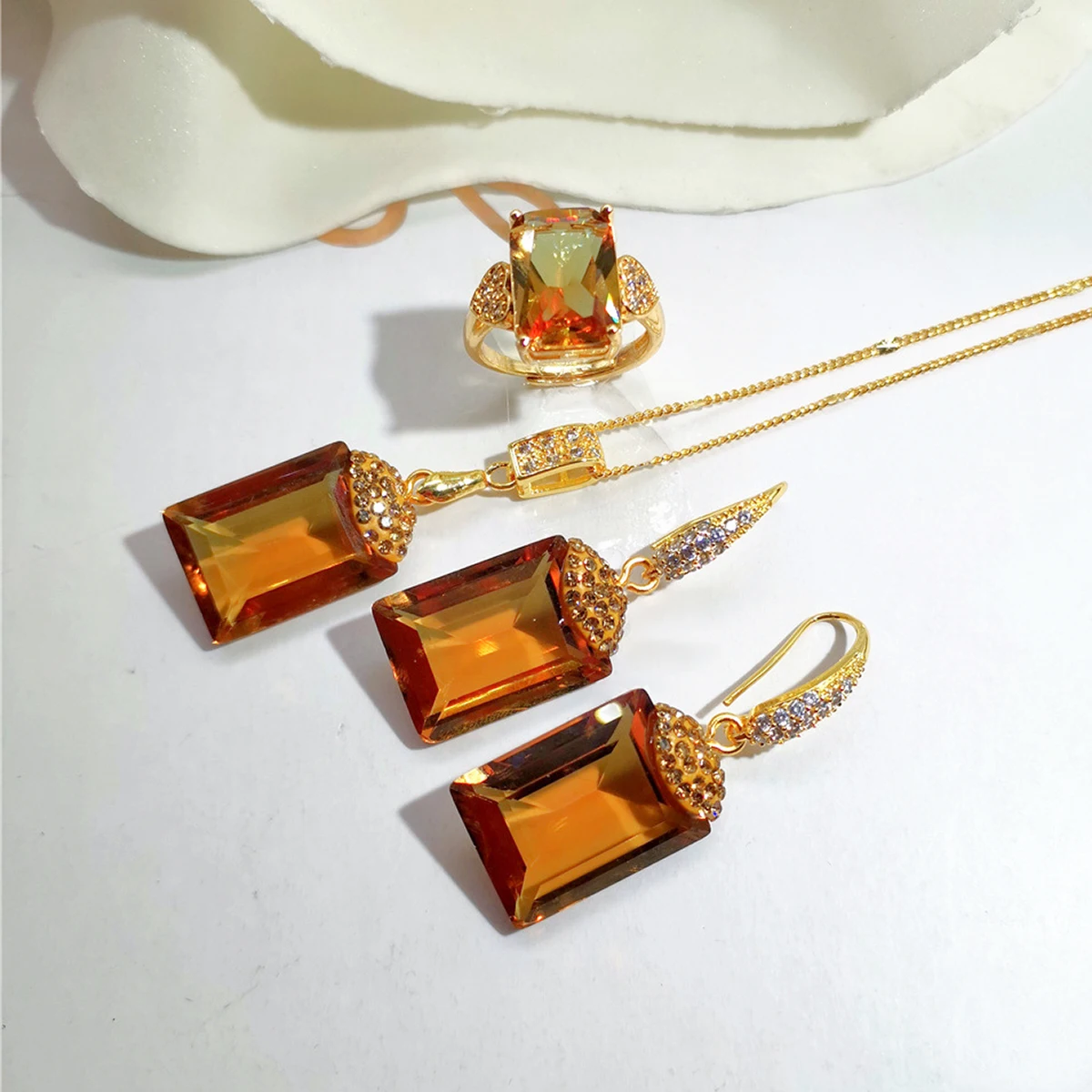 BOCARMAN Synthetic Color-change Sultanite Rectangular stone adjustable ring earrings necklace Jewelry Set for women change color