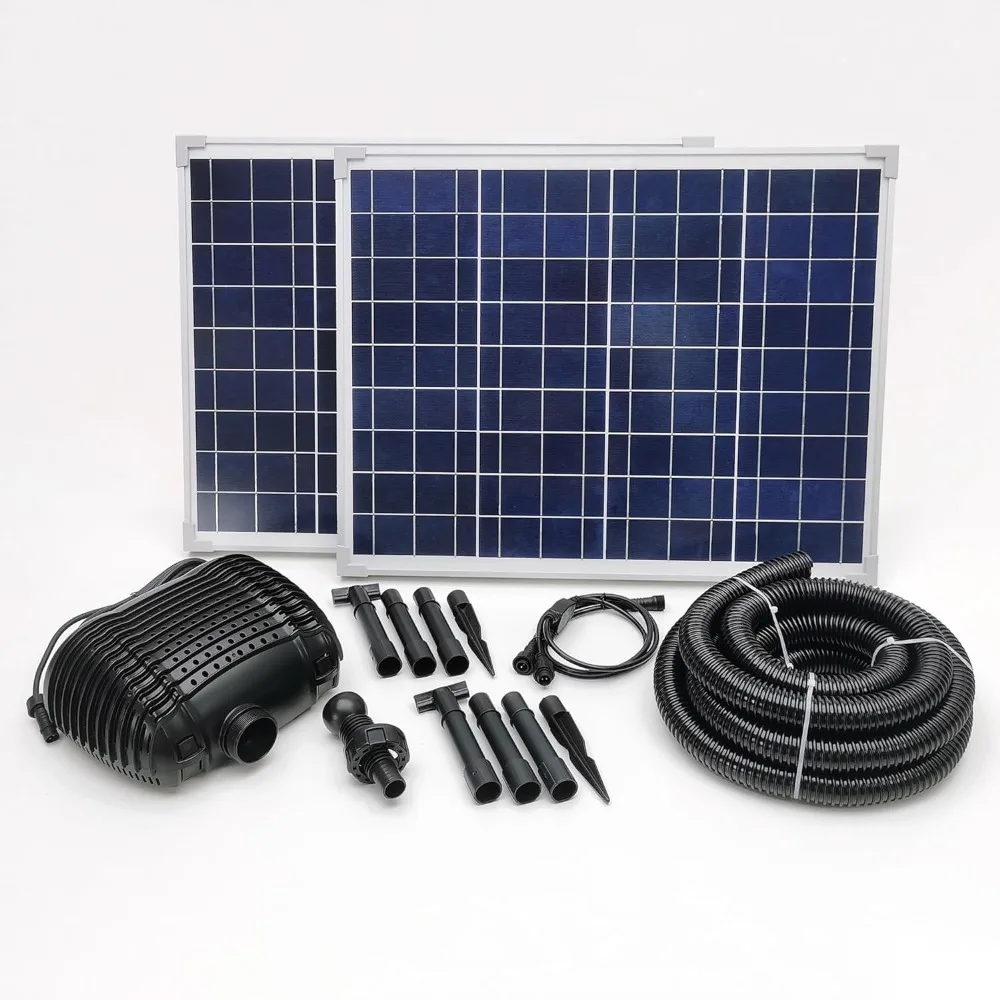 

Dual Panel Solar Powered Submersible Pond Pump Kit Kit Weighs Over 30 pounds Ready to Connect to Waterfall or Filtration System