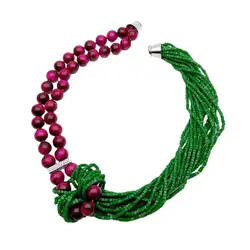 Y.YING 2 Rows Fuchsia Tiger Eye 18 Rows Green Crystal Statement Necklace For Women