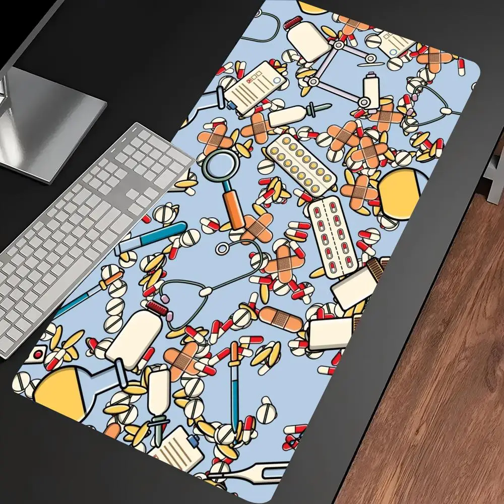Cute Medical Nurse Doodle Large Extended Gaming MousePad Non Slip Desk Surface Pharmacy Pill Cartoon Print For Gaming And Office