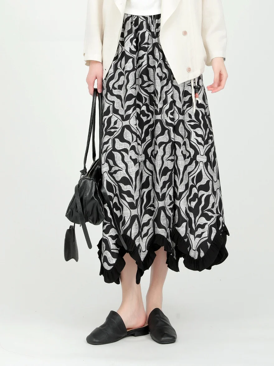 

Dailanzhi Spring 2026 New Retro Print Midi A-Line Skirt High Waist Polyester Blend Fabric Ladies Fashion Half-length Skirts
