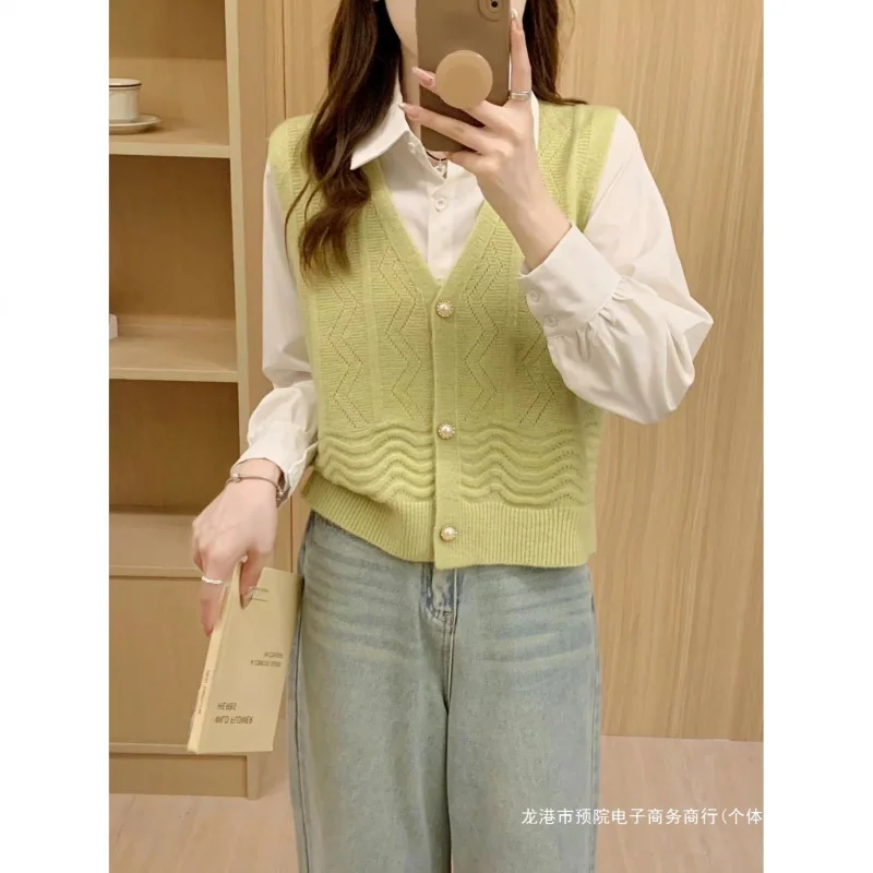 

Весенне-осенний новый женский топ, жилет в студенческом стиле, вязаный жилет, верхняя одежда, свитер, жилет из спандекса