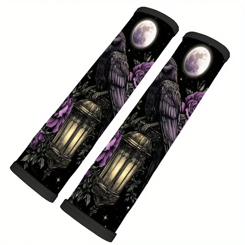 Raven And Purple Flowers Gothic Style Seat Belt Covers for Cars Interior Additions Fits Universally for Comfortable Travel