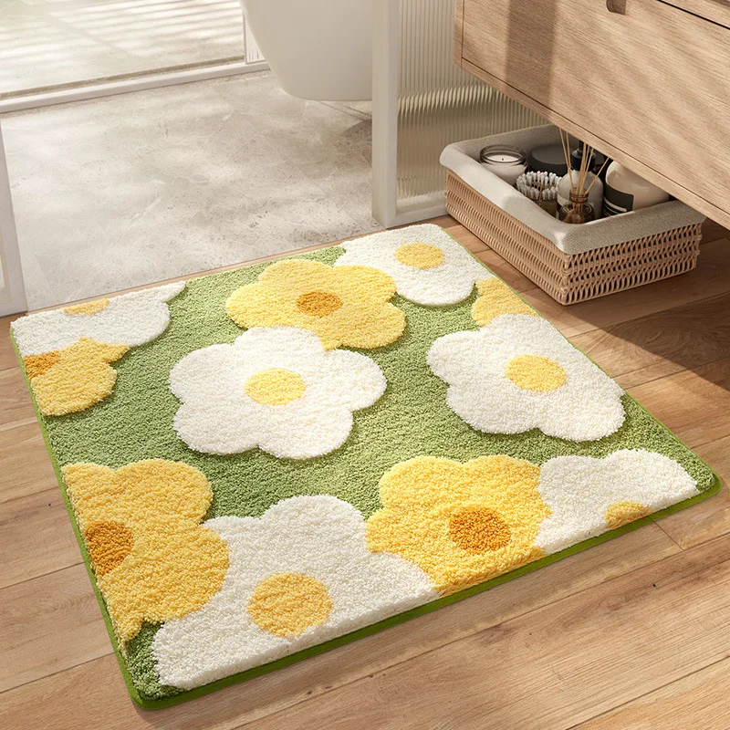 

60cm Microfiber Foot Mat Bathroom Rug Cute Flower Leaves Anti Slip Bath Pad Absorbent Soft Fluffy Shaggy Machine Washable Carpet