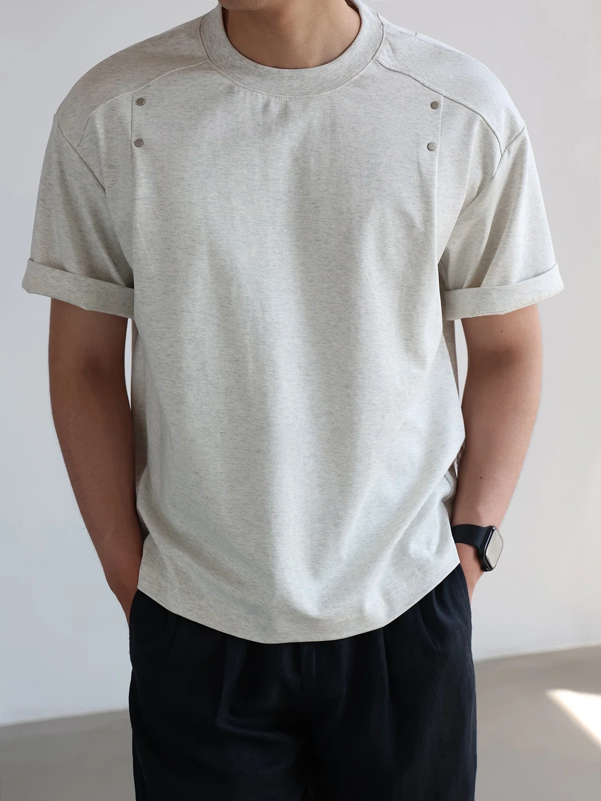 Casual Loose Men's T-shirt round Neck Short Sleeve Long Velvet Cotton Blend Rivet Design Versatile Comfortable Breathable Top