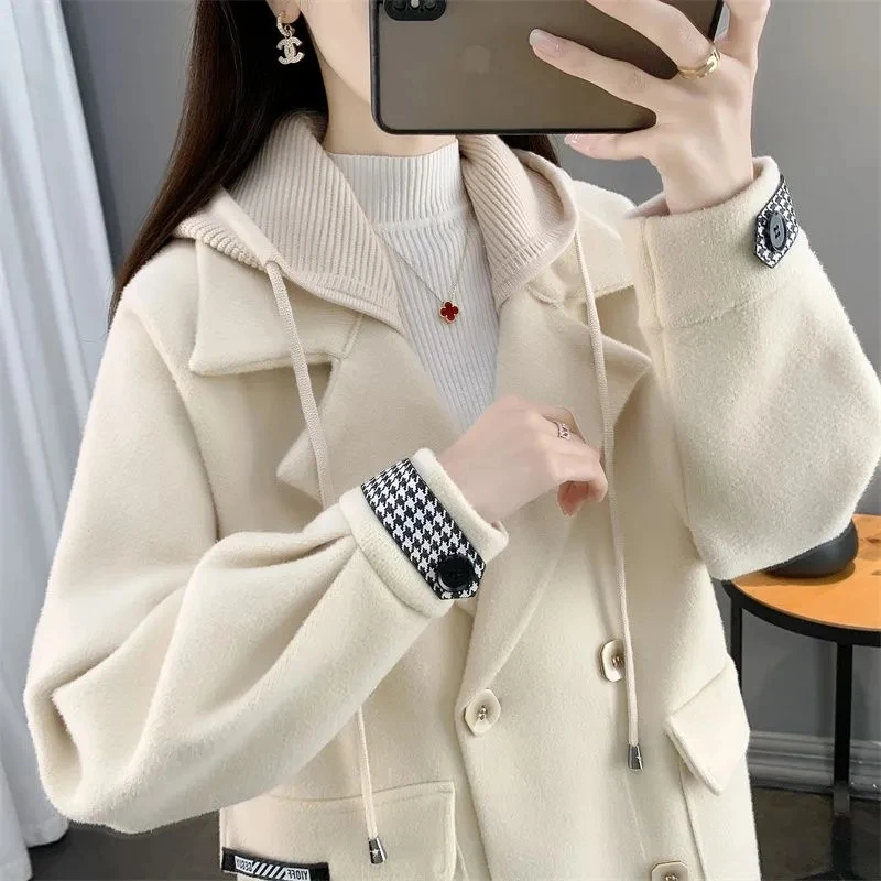 Advanced Apricot Thickened Korean Double Sided Nylon Coat Women 2023 Autumn/Winter Mid Length Double Breasted Woolen Jacket Lady