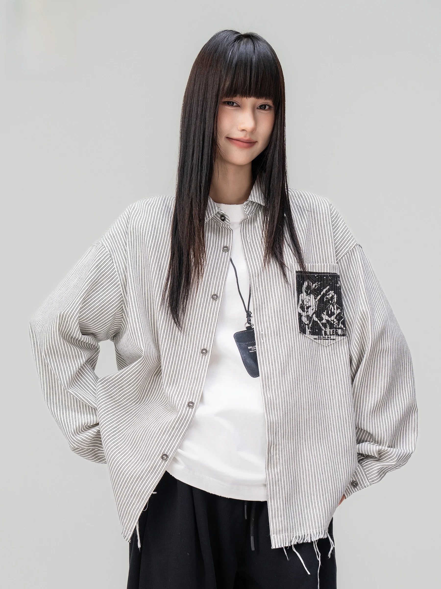 American Retro Band Print Unisex Simple Shirt Spring New Vertical Stripes Frayed  Coat Loose Fit Long Sleeve Casual Style