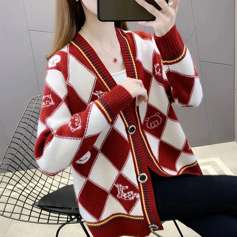 

Women Cardigans Sweater V Neck Color Matching Loose Knitwear Single Breasted Casual Knit Cardigan Outwear Autumn Casual Jackets