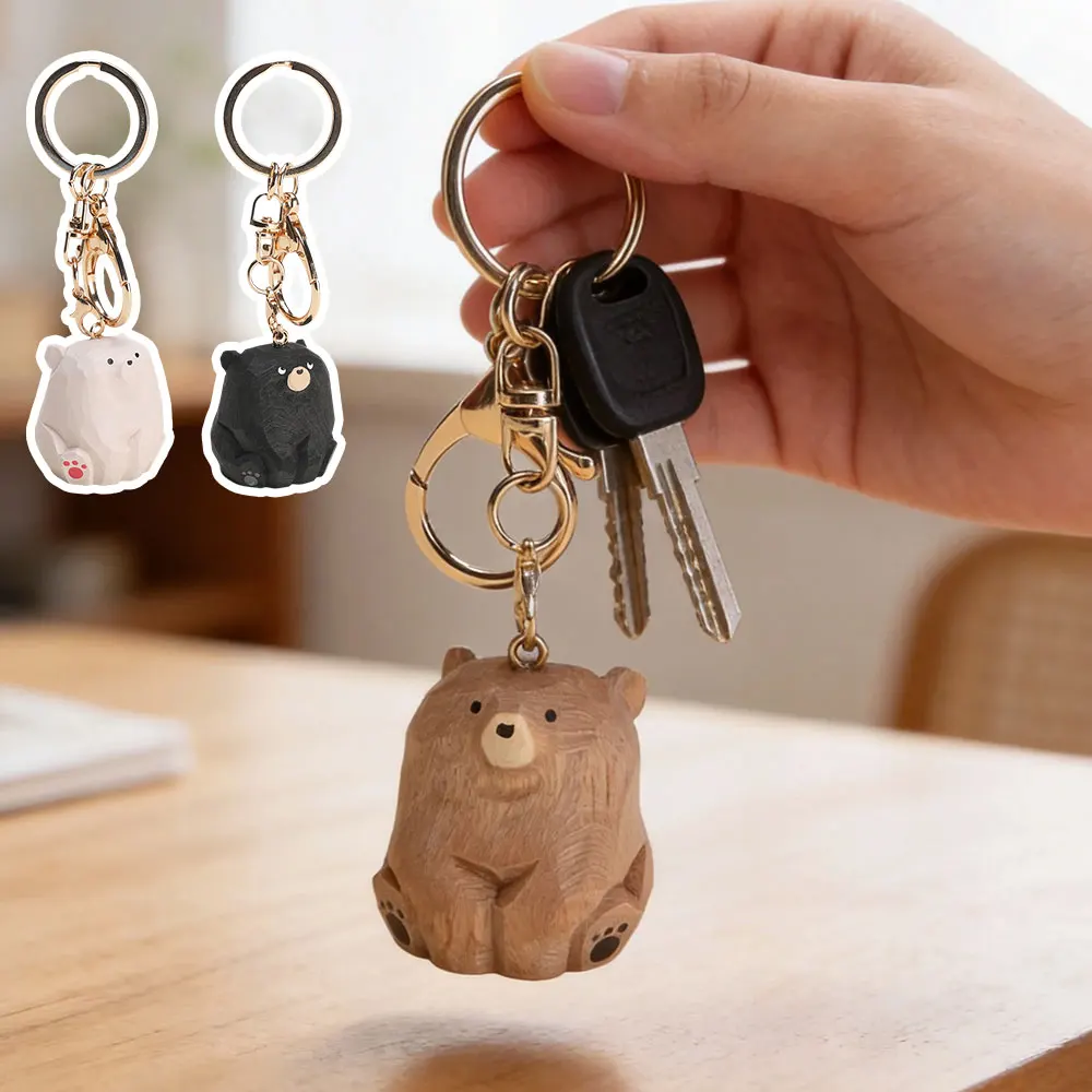 Hand Carved Wooden Bear Keychain Cute Polar Bear Black Bear Brown Bear Pendant Keyring Holder Bag Charm Gift Birthday