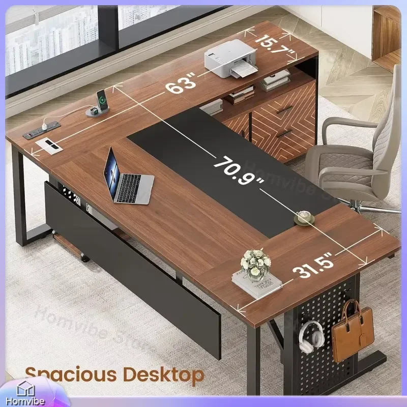

71 Inch L Shaped Computer Desk with Power Outlet and USB Ports Executive Office Desk with Rolling File Cabinet Large Writing