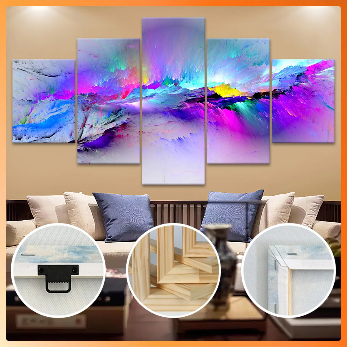 

5pcs Wooden Framed Canvas, Psychedelic Color Burst Design, Fashion Poster, Art for Home Decoration, Pattern Wall Art