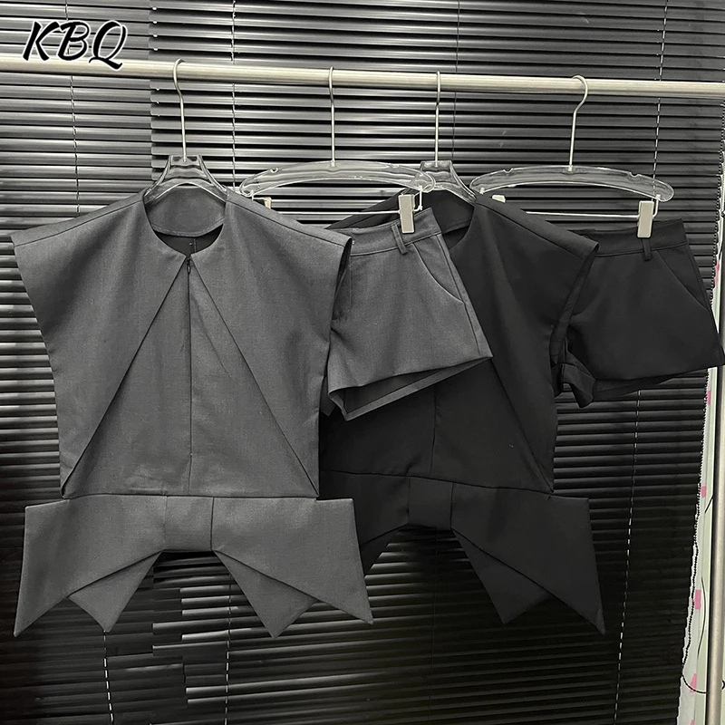 

KBQ Designer Solid Slimming Two Piece Sets For Women Round Neck Sleeveless Spliced Bowknot Top High Waist Shorts Chic Set Female