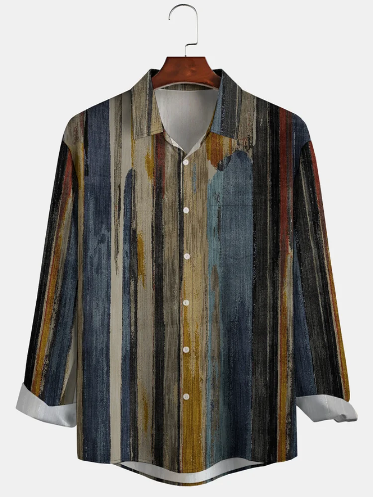 

Spring and Autumn Men's Street Colorful Vertical Stripes Loose Relaxed Polo Collar Single Breasted Long Sleeve Hawaiian Shirt