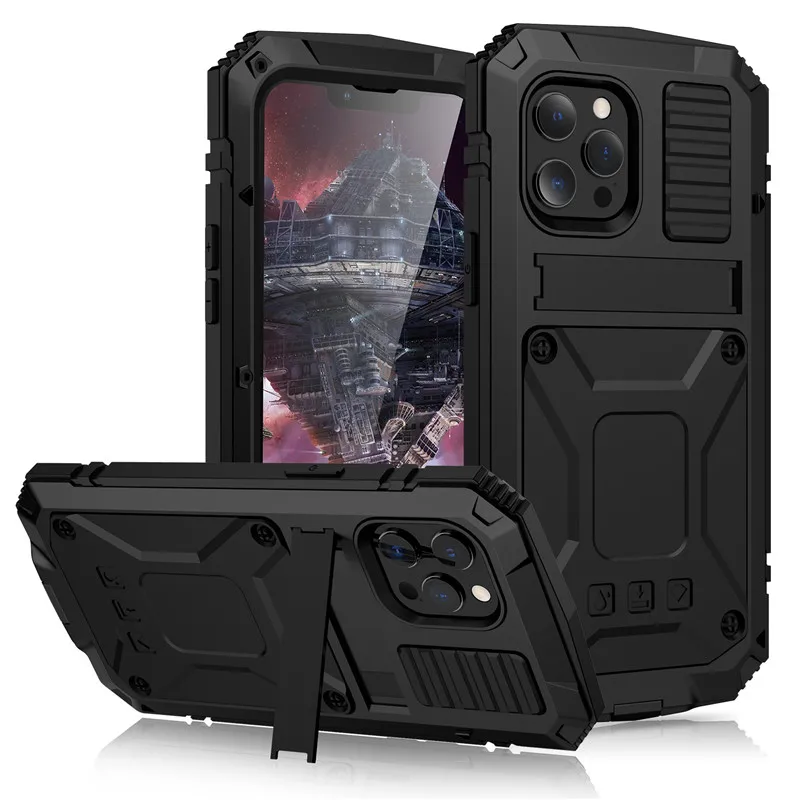 Full-Body Rugged Armor Shockproof Protective Case for iPhone 14 13 12 11 Pro Max Mini 14 Plus Kickstand Aluminum Metal Cover