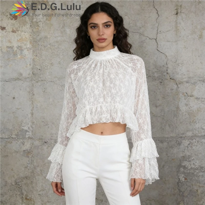 

EDGLuLu Women's Stand Collar Flare Sleeve Blouse New Arrival Luxury Lace Embroidery Splicing Lotus Leaf Edges top 0412