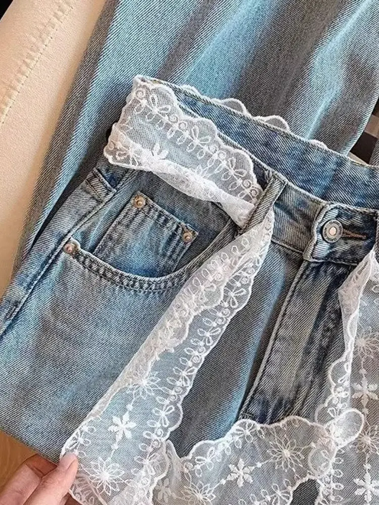 

Джинсы с высокой талией и широкими штанинами, женские джинсы с кружевной отделкой, новые летние повседневные джинсы с прямым вырезом и подставкой для взрослых