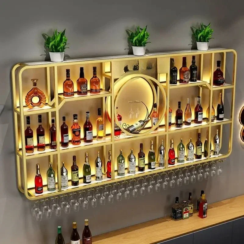 Bar background wall-mounted wine rack, bar forged iron luminous display rack, wine cabinet