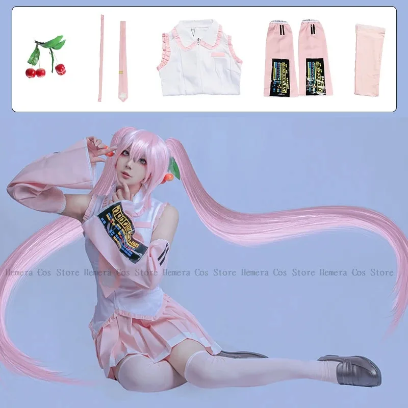 

qq023Sakura Mikku Sekai Mikuo Костюм Парик Розовый Костюм Головные Уборы Карнавал Аниме Косплей Декор Хэллоуин Вечеринка Diva Наряд Wo