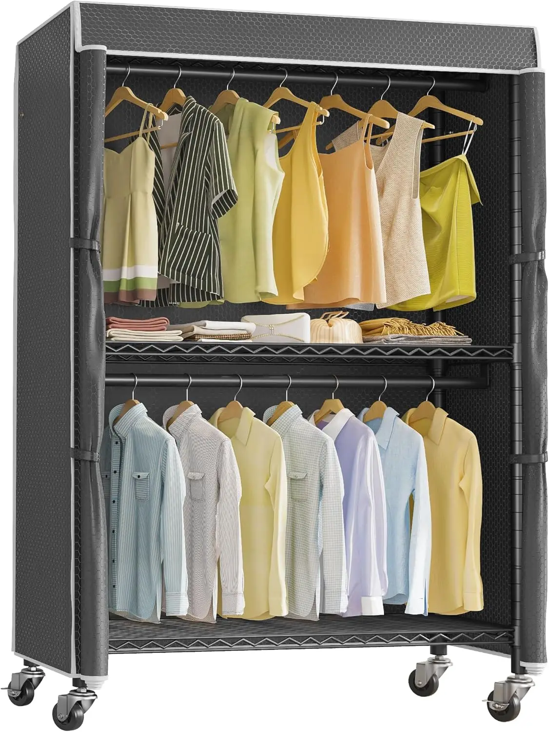 

R2C Plus Heavy Duty Rolling Garment Ra With Cover Clothing Ra For Hanging Clothes Portable Closets With Adjustable Wire