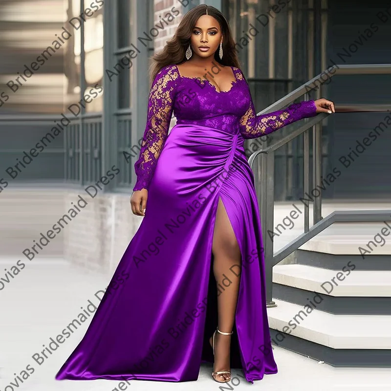 

Plus Size Purple Long Sleeves Bridesmaid Dresses with Split Wedding Guest Party Gowns Customized vestidos de festa