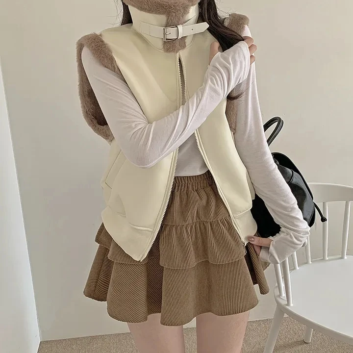 

Women's Chic PU Leather Vest Jaet Autumn Winter Loose Fit Svel Zipper Closure All-Match Biker Sle Faion Top