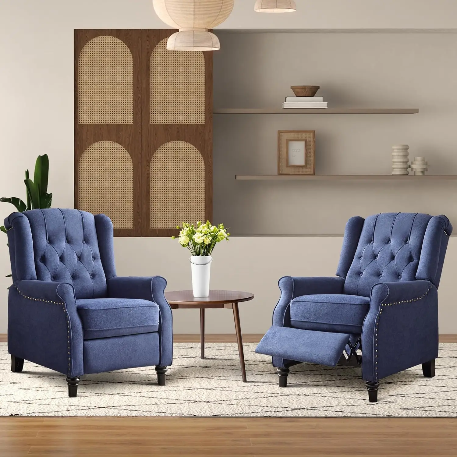 Mid Century Wingback Recliner Chair Set 2, Fabric Push Back with Rivet & Button-Tufted Back, Wood Legs, Blue, Customized