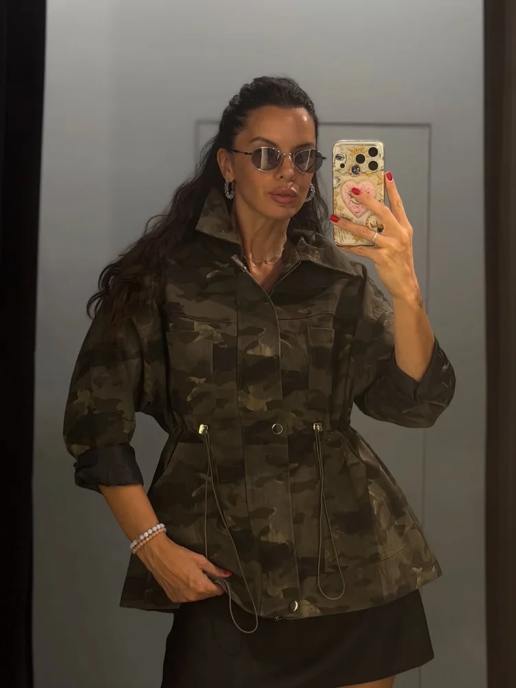 Women Camouflage Collar Drawstring Coat Single Breasted Waist Cinch Slim Midi Jacket Fall Winter Daily Street New Outerwear