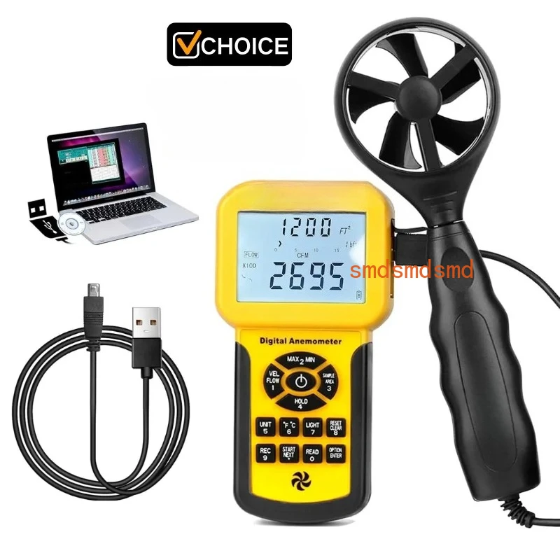 Анемометр HVAC CFM, измеритель скорости ветра, коммерческий тестер расхода воздуха с хранилищем данных, ПК, USB-подключение, измерение объема ветровой скорости воздуха