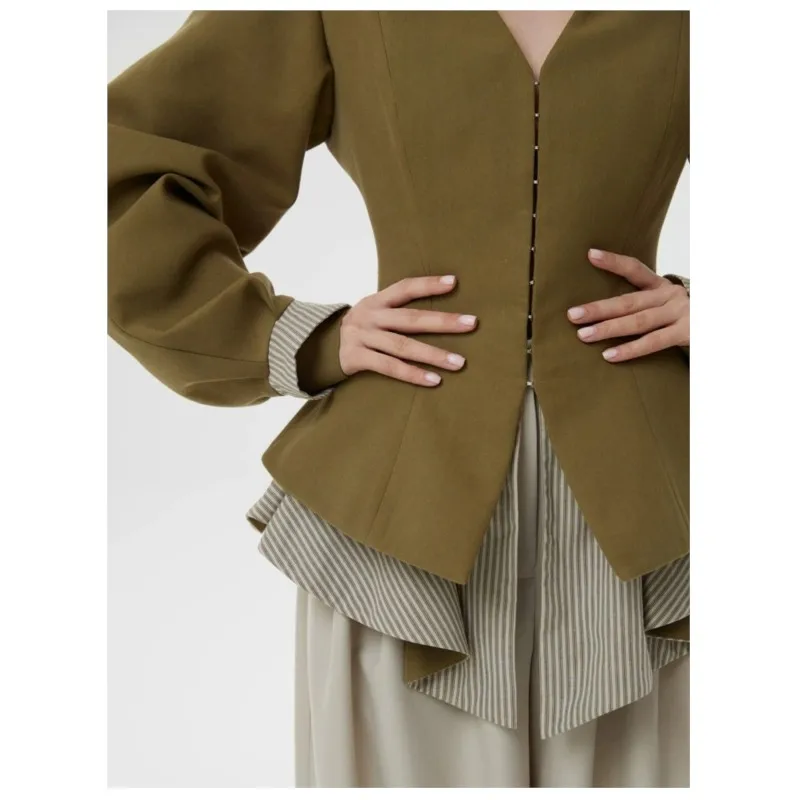 Peplum Coat Women Elegant Fitted Blazer Stand Neck Puffy Long Sleeve Back Corset Tie Slim Fit Removable Striped Decorative Hem