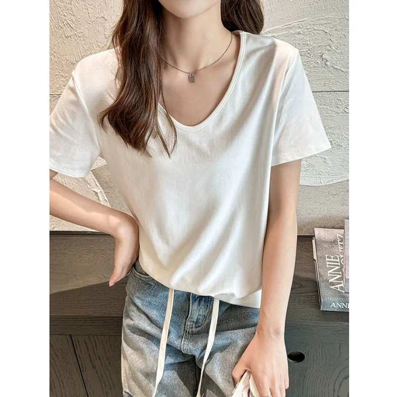 

2026 New Loose V-Neck T-Shirts Women Summer Short Sleeved Basic Solid Casual T Shirt Ladies Versatile Simple Comfortable Tee Top