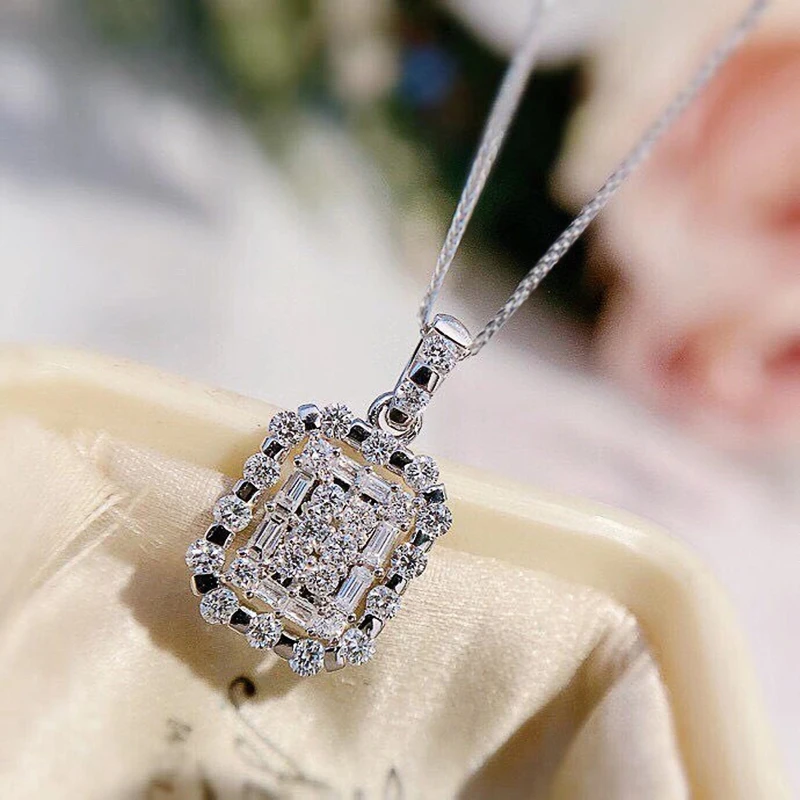 Huitan New Trendy Square Pendant Necklace for Women Dazzling CZ Stone Fashion Versatile Bride Marriage Party Accessories Jewelry