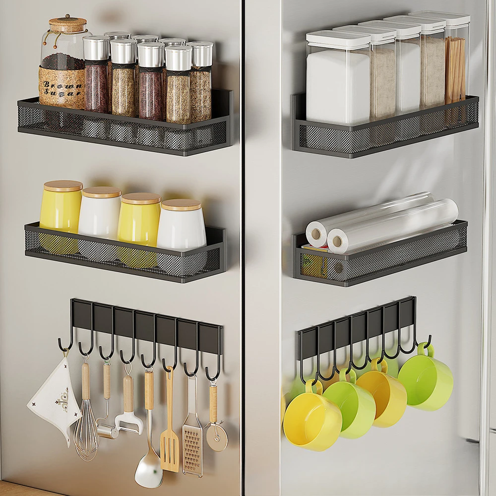 Magnetic Rack 3Pcs Spice Rack for Refrigerator No Drilling Wall Mount Spice Rack Kitchen Organizer Utensil Hanger Hook Shelf