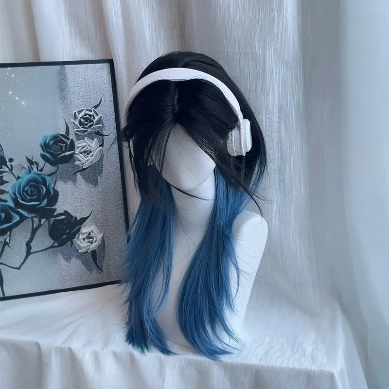 شعر مستعار برأس البوري باللونين الأسود والأزرق، شعر صناعي مفرود منفوش وذيل الذئب الطبيعي للاستخدام اليومي، ملحقات لوليتا التنكرية للحفلات