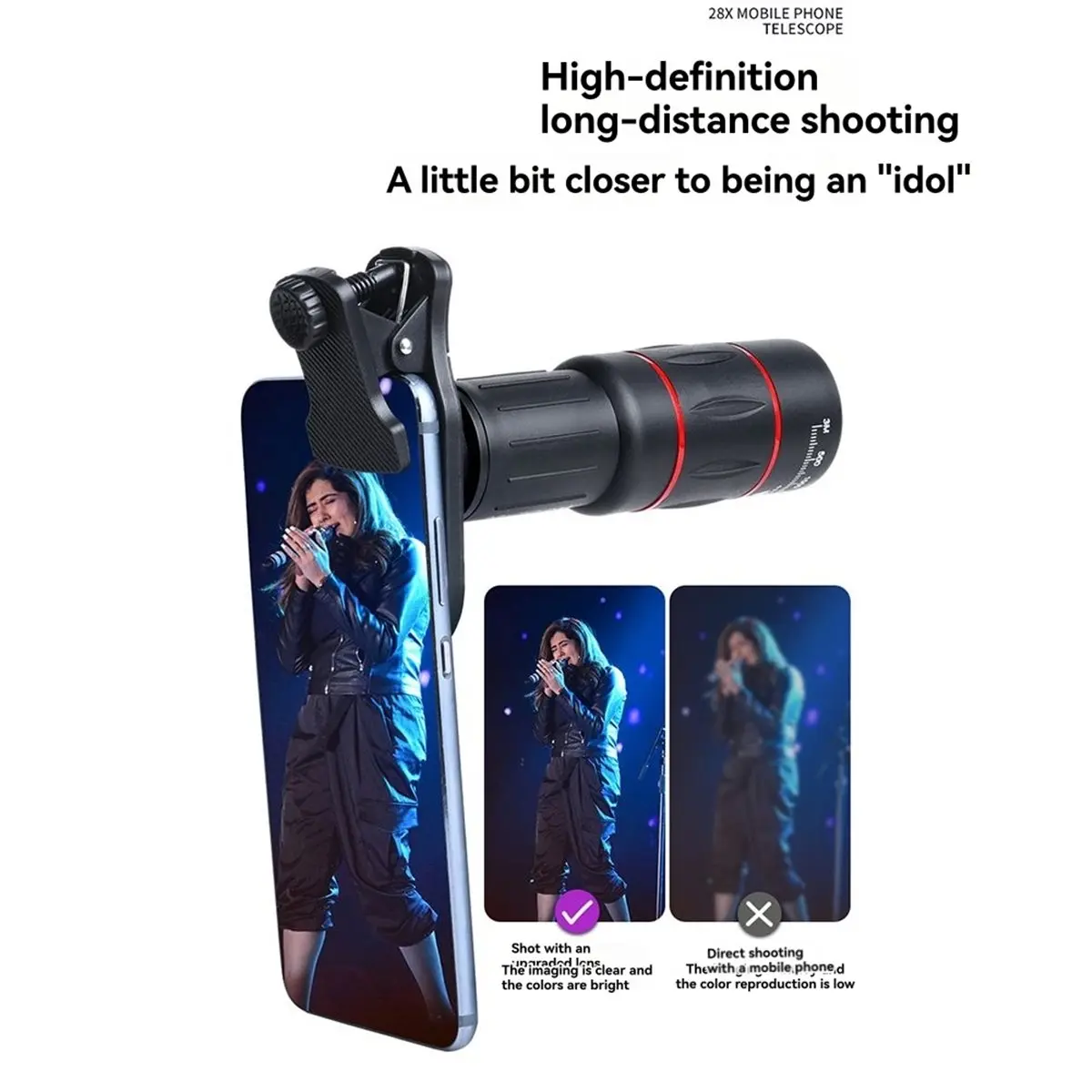 28X Mobile Phone Camera Lens Clip-on Zoom Phone Camera Telephoto Lens Universal Optical Telescope Lens for Smartphone
