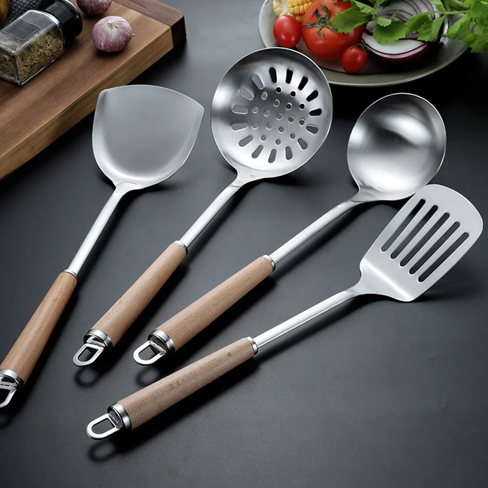 

Кухонная лопатка из нержавеющей стали 304, токарный станок без прорезей с буковой ручкой, эргономичная кухонная лопатка для домашнего ресторана