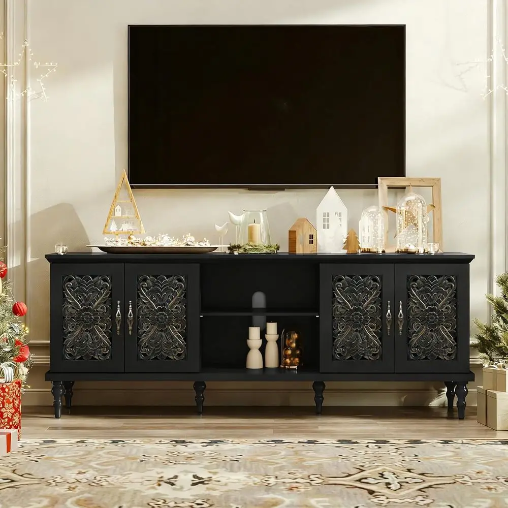 

Vintage 67 TV Stand with Carved Doors & Adjustable Shelves, Retro Entertainment Center for Living or Bedroom, Black