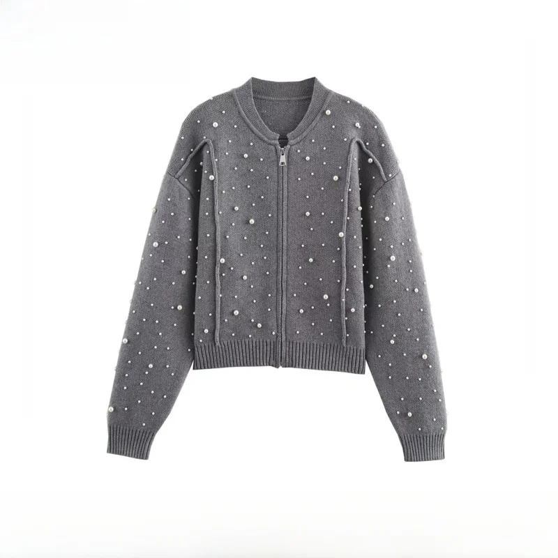 معطف Jaet محبوك مزين باللؤلؤ من Faionable للنساء ملابس خارجية للخريف وصل حديثًا من Ele European Sle Poly...