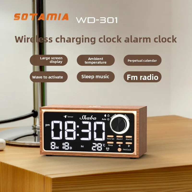 

Часы SOTAMIA из цельного дерева, будильник, 15 Вт, мобильный телефон, беспроводная зарядка, календарь, ночник с дисплеем, динамик для дома