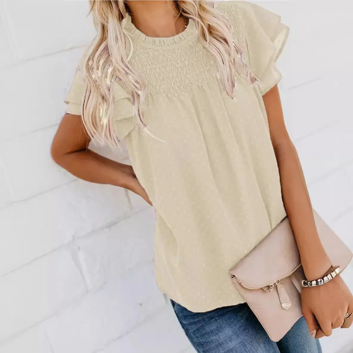 المرأة تي شيرت بلون الجاكار الشيفون قميص المرأة قميص فضفاض الجولة الرقبة البلوز قصيرة الأكمام تي شيرت للنساء 2025 جديد