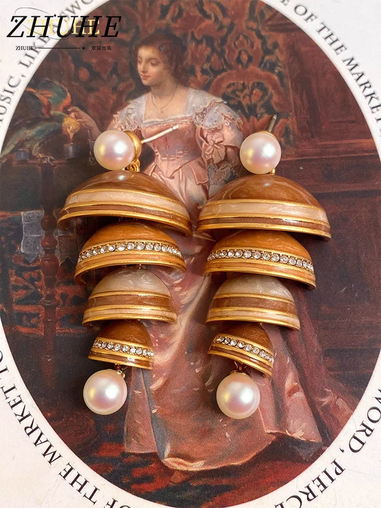 

Boho Tiered Drop Earrings for Women, Copper Jewelry & Accessories, Enameled Dome Design with Faux Pearls & Crystal Embellishment