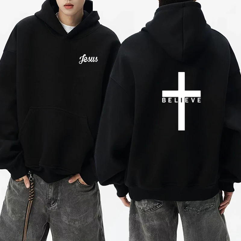 

Believe Cross Jesus Printed Hoodies Men women Design Drawstring Fleece pullover Harajuku Fashion Streetwear Sweatshirt Unisex