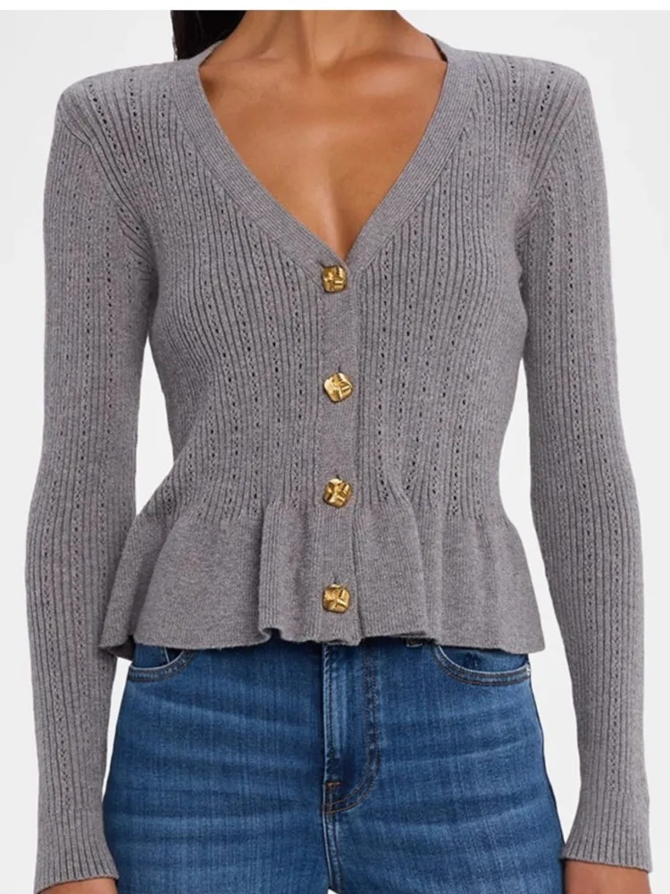 

20125 French Cardigan Elegant Sweater Commuting Fall Clothes Winter Clothing Woman Fresh Sweet V-neck Solid Color Ruffle Slim