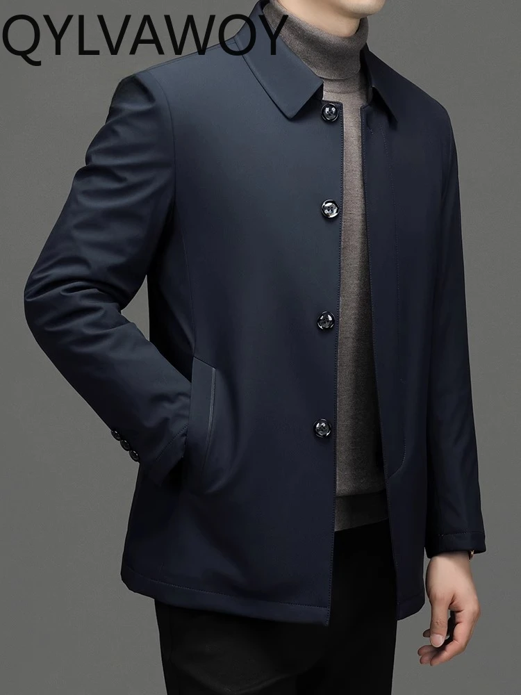 QYLVAWOY 100% Polyester Men's Middle-Aged Autumn Winter New Warm Cotton Coat Business Versatile Solid Color Lapel Jacket LJ2077