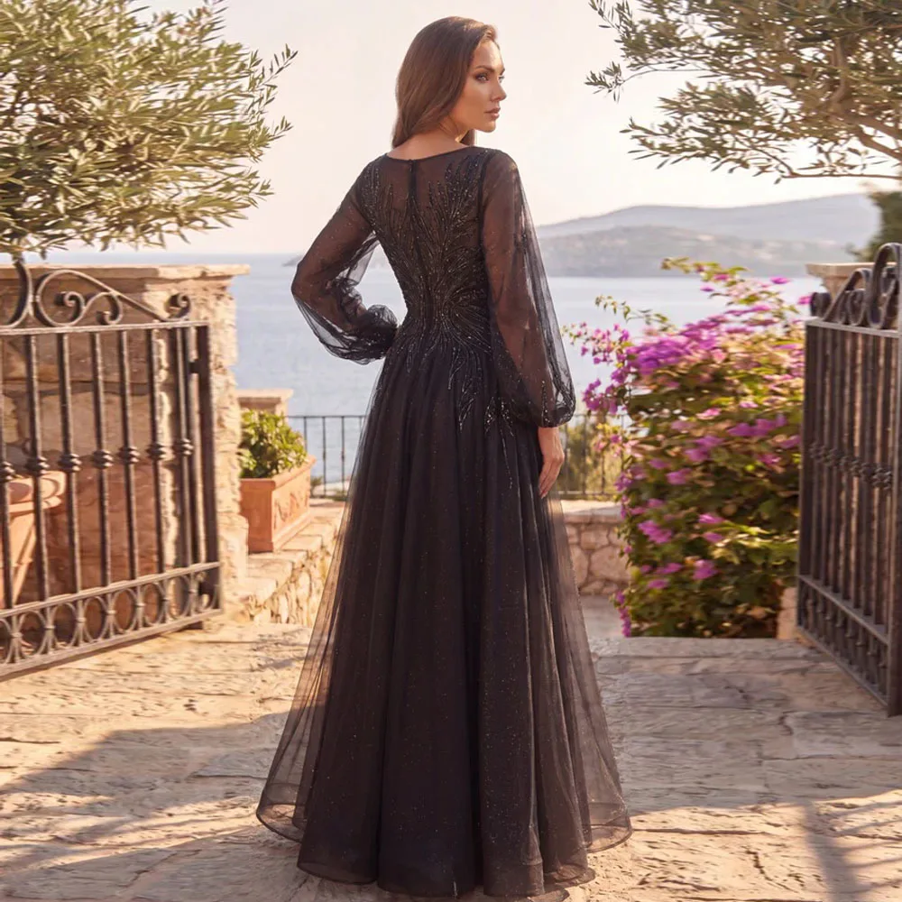 Luxury Mother of The Bride Dress Sexy V Neck Sheer Full Sleeves Sequined Applique Tulle A Line Evening Party Gown Guest Dresses