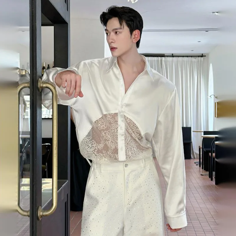 WVGA весна осень новый мужской кружевной лоскутный модный дизайн рубашка с длинным рукавом нишевый шикарный повседневный топ с отложным воротником Ins W14358