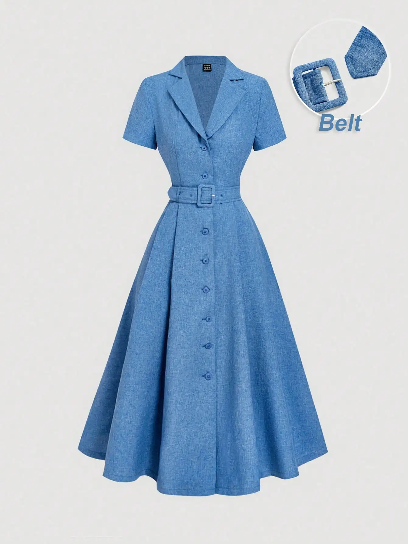 

Blue Mid-Length Button Up Dress With Lapel And Belt, Short Sleeve A-Line Women's Dress