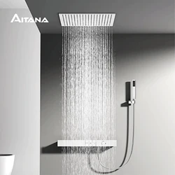 Luxury wall mounted chrome brass shower system with hidden design LED display for dual control of hot and cold bathroom faucet