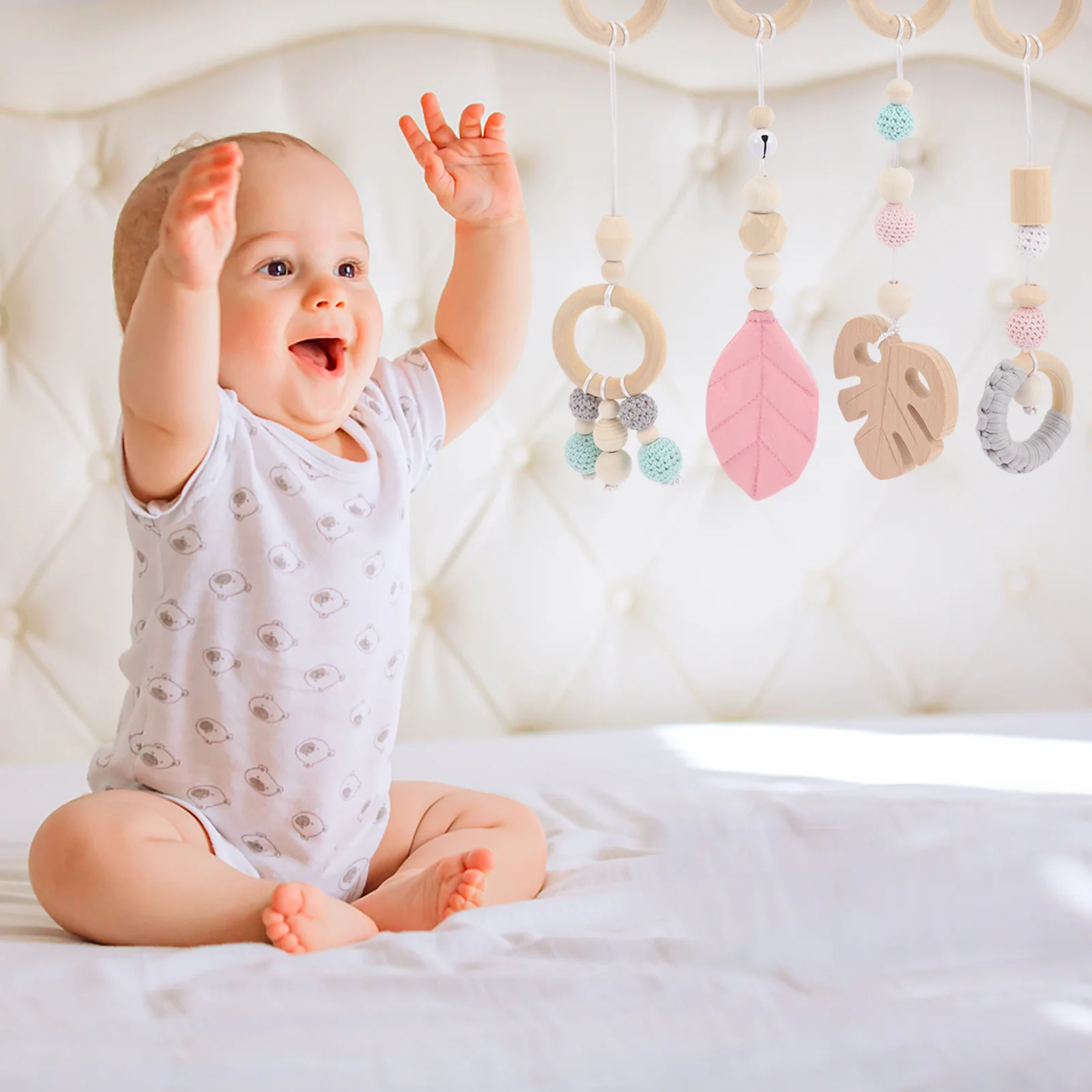 4 قطعة أجراس خشبية معلقة عربة أطفال ديكور الحضانة مركز نشاط مونتيسوري الحسي لتطوير المهارات الحركية للرضع #1