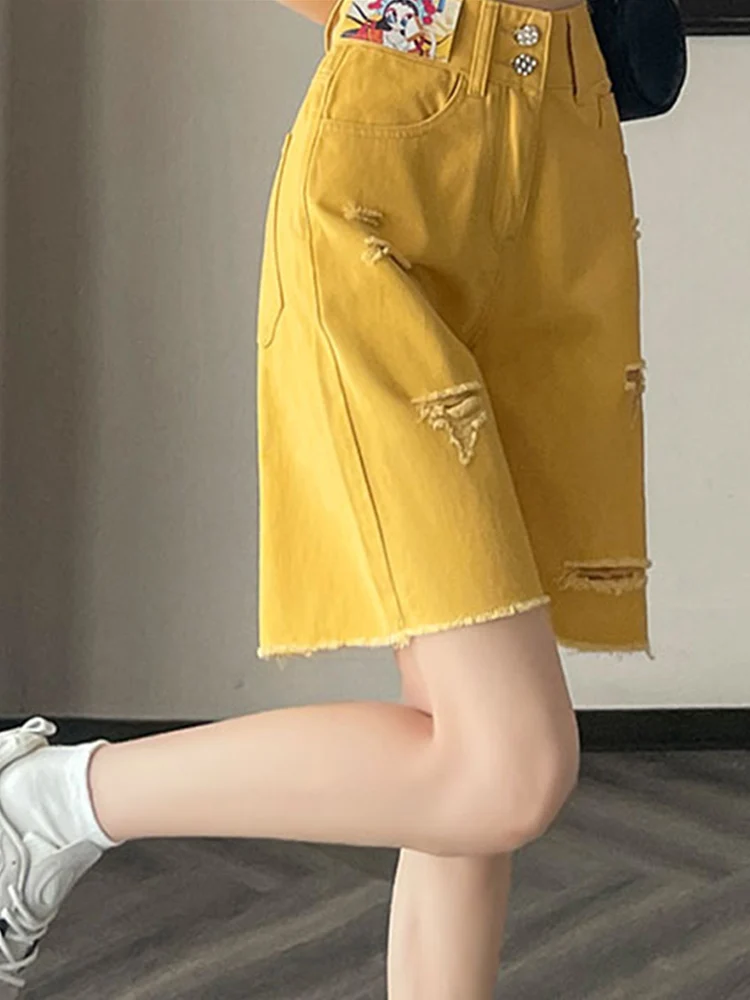 Super hot ripped jeans women's wide leg mid length pants summer thin style tassel high waist yellow 5-point shorts