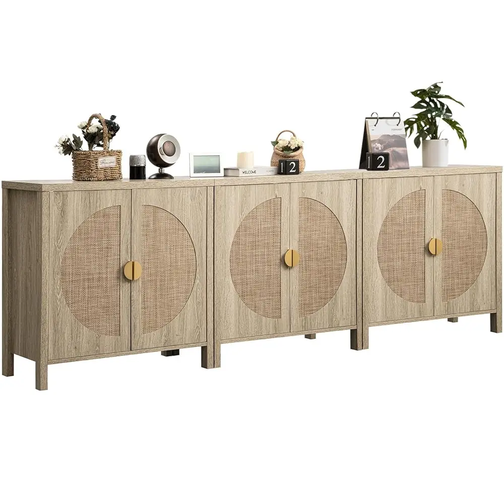 

Rattan Buffet Cabinet Set Of 3, Accent Sideboard Storage Cabinet With Adjustable Shelves, Boho Credenza Console Table For